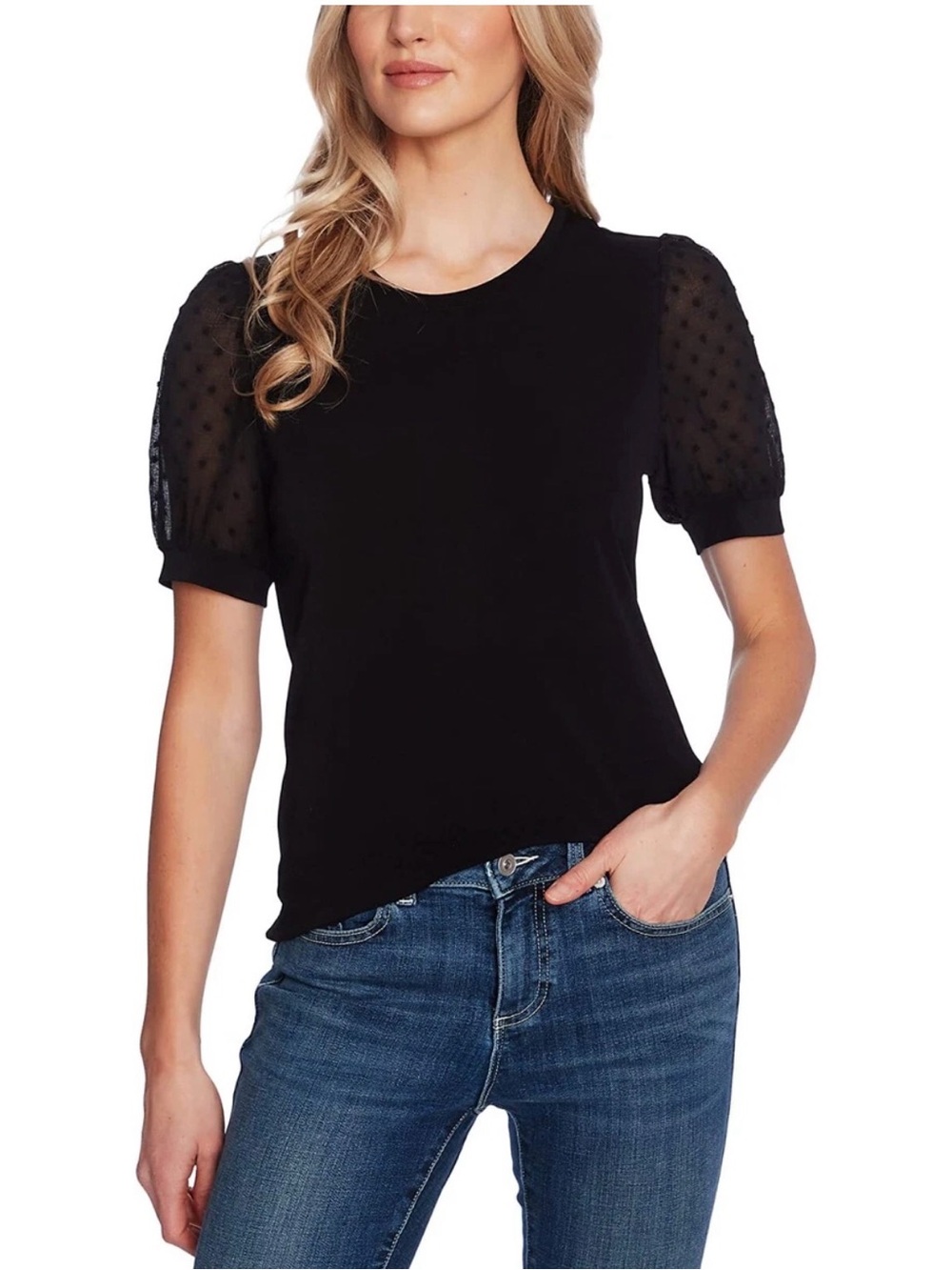 CeCe Women's Short Puff Sleeve Mixed Media Knit Top